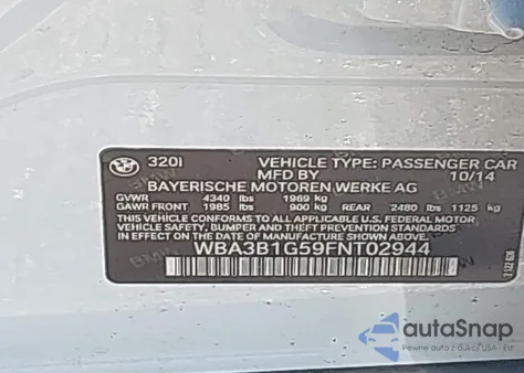 2015 BMW 320I из США, поврежденный, VIN WBA3B1G59FNT02944